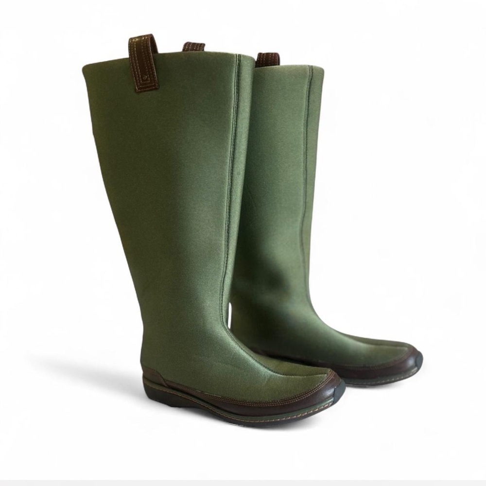 AETREX Green Brown Neoprene Pull On Tall Winter Rain Boots Waterproof Size 8